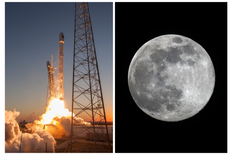 SpaceX Falcon 9 rocket launch and moon
