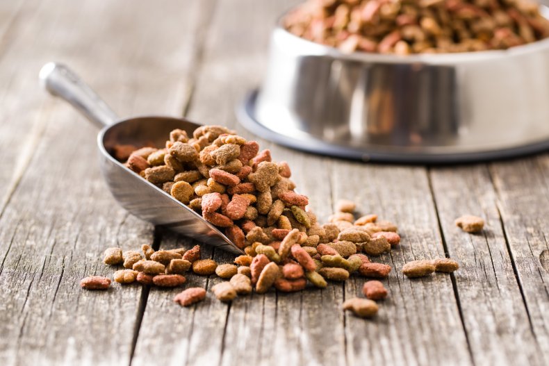 A scoop of kibble on a table.