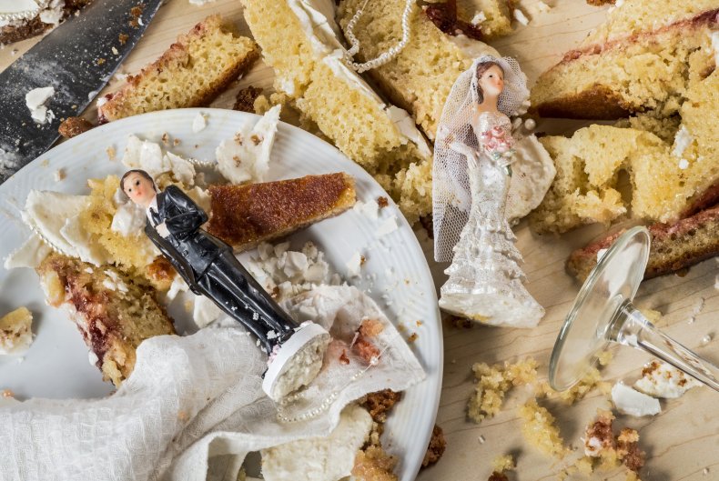 File photo of smashed wedding cake. 