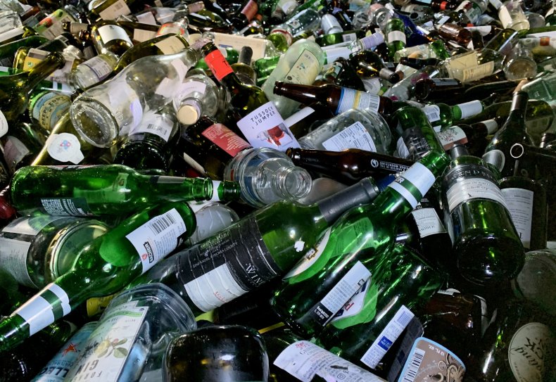Empty glass bottles are pictured