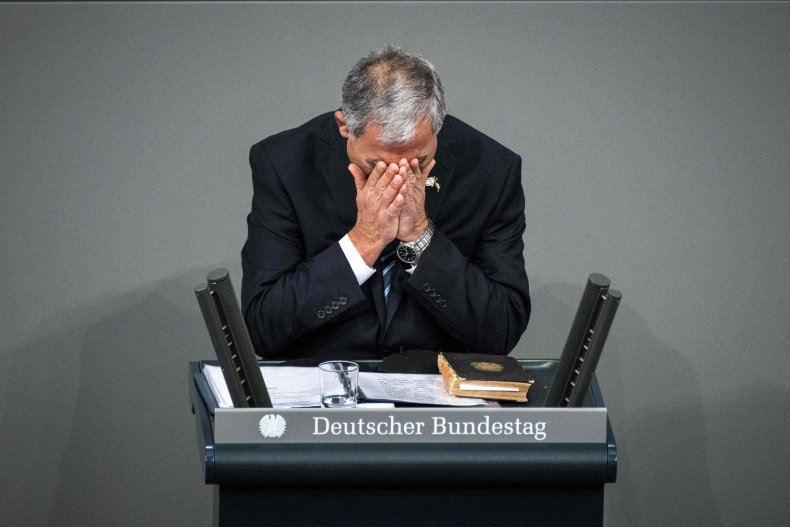Mickey Levy cries during speech