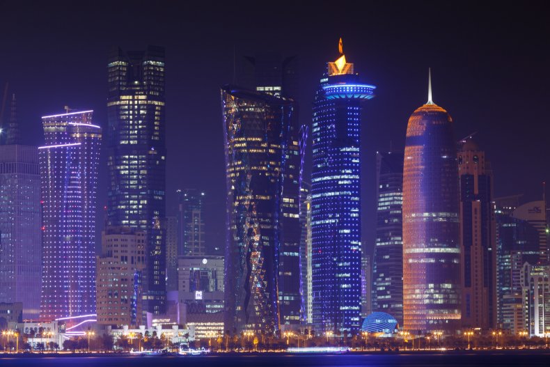 The dusk skyline along the Doha Corniche,
