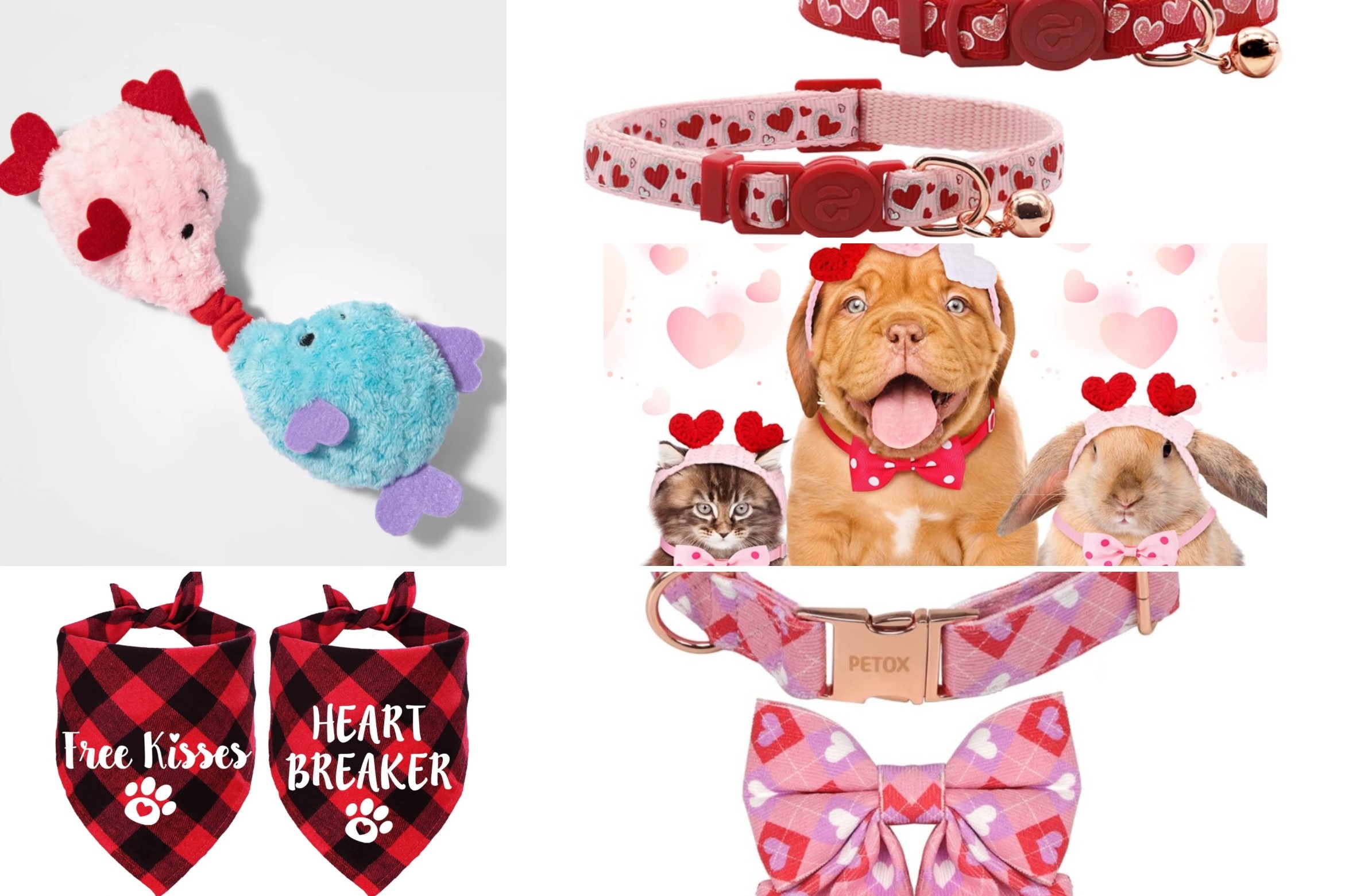 Whaline 4 Pack Valentine's Day Dog Toy Kit Red Pink Fleecy Heart Valentine Heart Rope Plush Bear Heart Rope Puppy Chew Toy for Small Medium Large Dog Pets Playtime Teeth Cleaning 