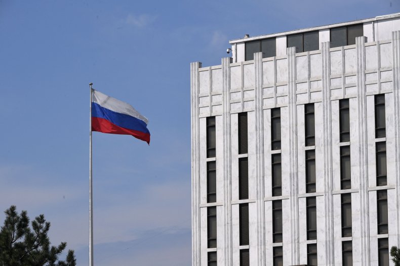 The Russian flag flies at the embassy