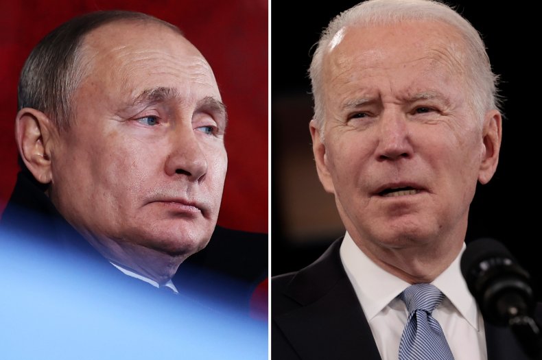 Vladimir Putin and Joe Biden look on
