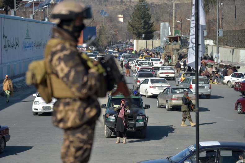 Taliban, fighters, guard, protest, US, embassy, Kabul