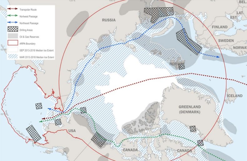 Arctic, map, with, routes, passages, resources