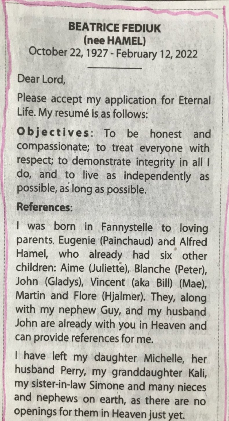 Beatrice Fediuk's obituary in the newspaper. 