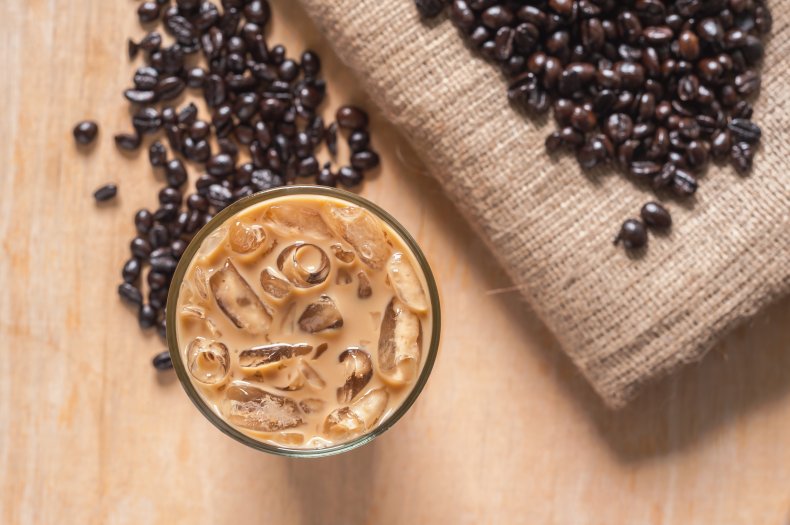 Iced coffee and coffee beans