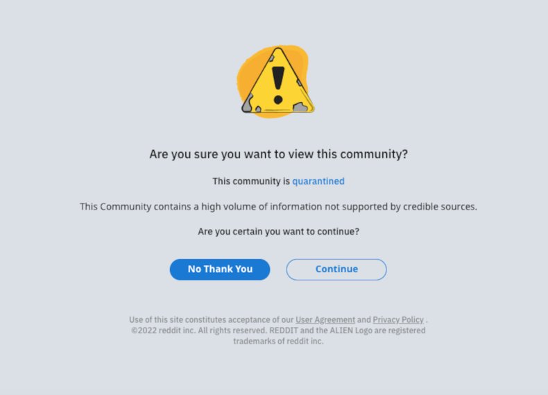 Screenshot of Reddit quarantine warning