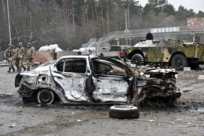 A car destroyed by shelling near Kyiv