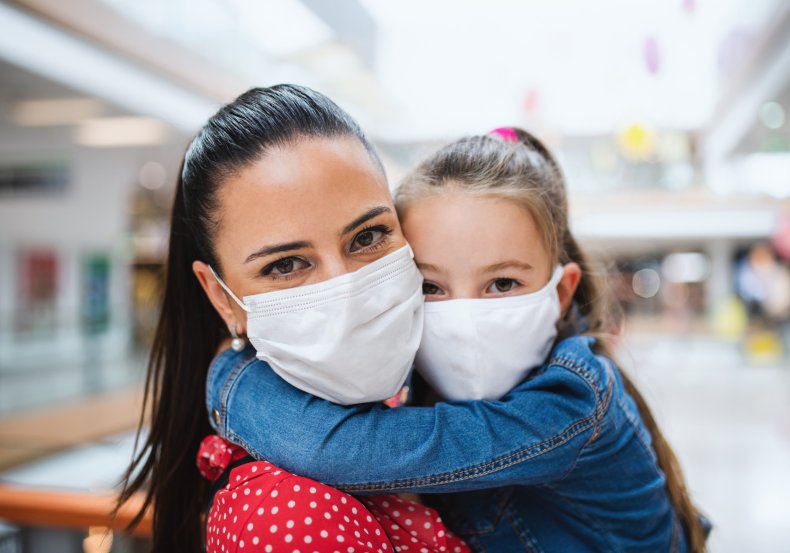 Woman and daughter wearing masks