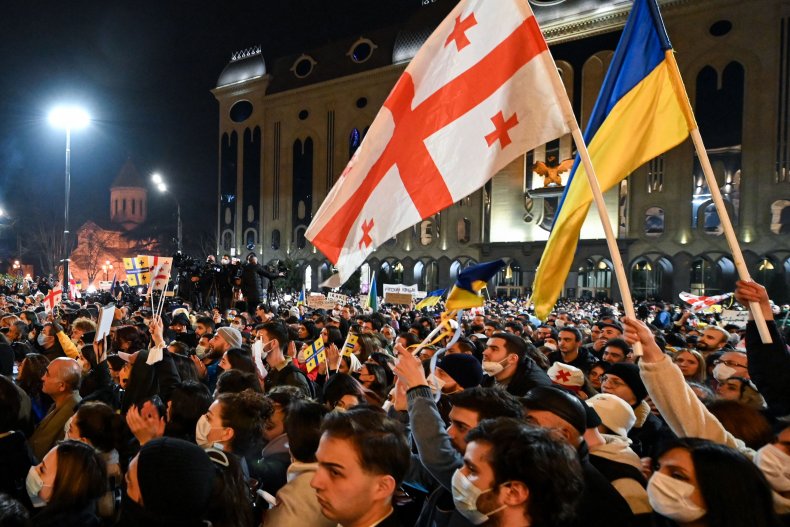 Georgia, protest, support, Ukraine, flags, March, 2022