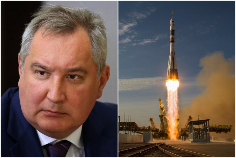Dmitry Rogozin (L) and a Soyuz rocket
