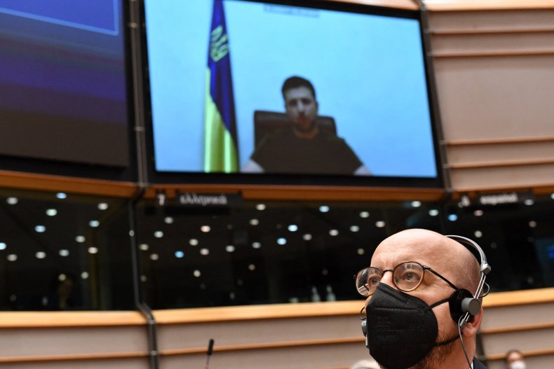 Charles Michel listens to Zelensky in Brussels