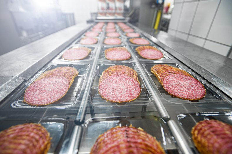 Salami on a meat production line.