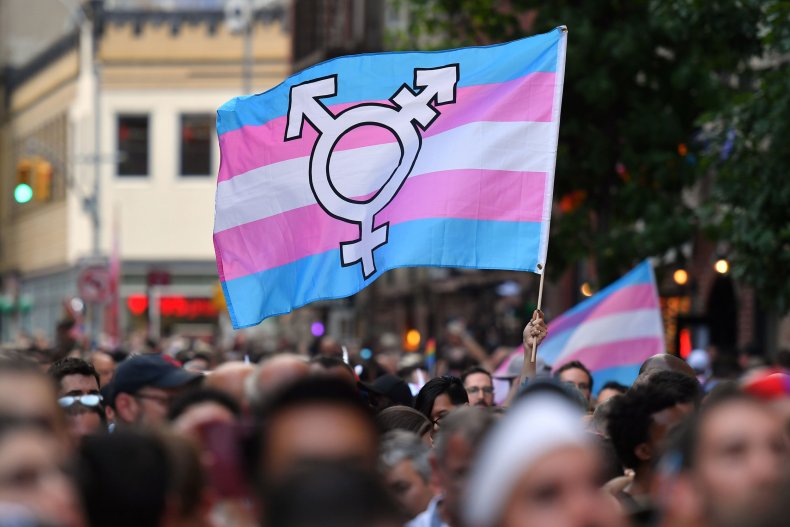 A person holds a transgender pride flag