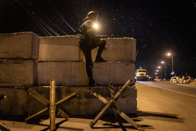 A Ukrainian Serviceman Mans a Barricade