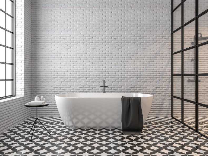Scandinavian loft style bathroom with white brick 