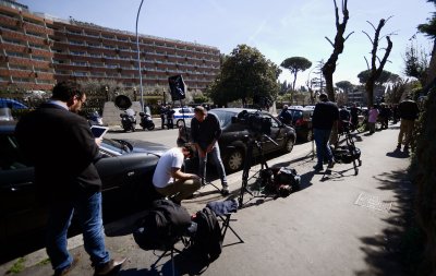 Journalists outside hotel in Rome 