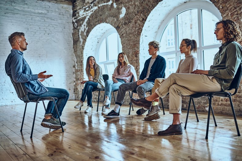 People seen at a support group meeting. 