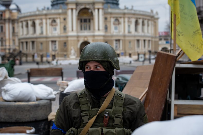 A Ukrainian Soldier Stands Guard in Odessa