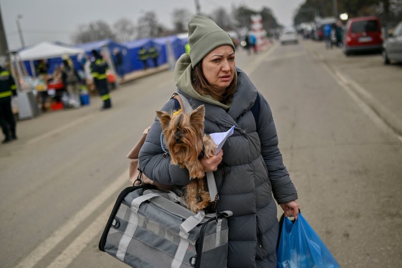 A refugee flees Ukraine