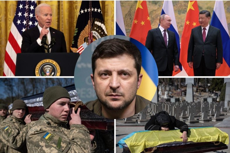 Composite image pf Zelensky, Biden and troops