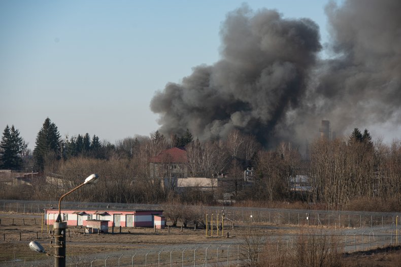 Smoke near Lviv's airport in Ukraine
