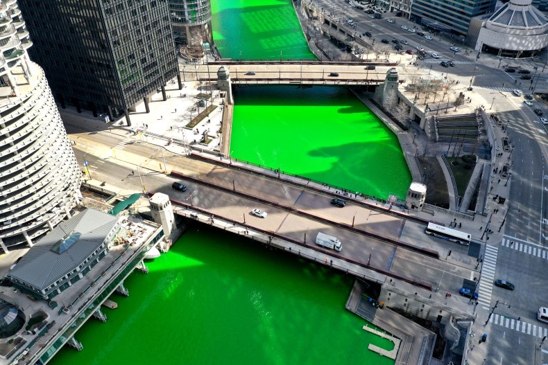 The Chicago river dyed green. 