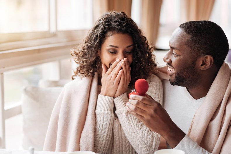 Couple getting engaged with ring