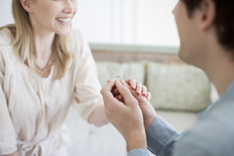 Man with engagement ring proposing marriage to 
