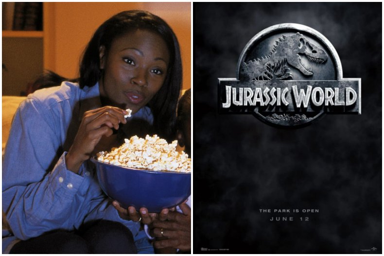Woman eating popcorn while watching Jurassic World