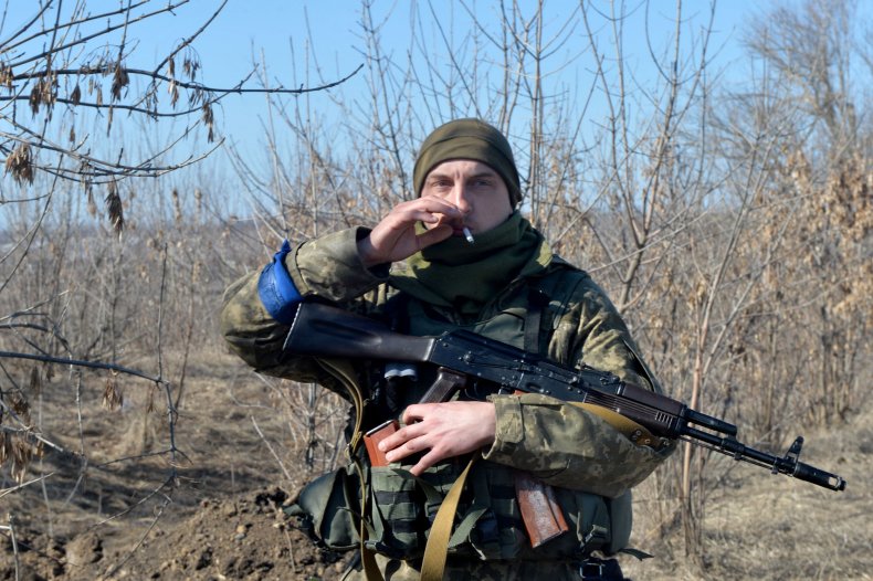 Ukrainian soldier at checkpoint near Kharkiv Russia