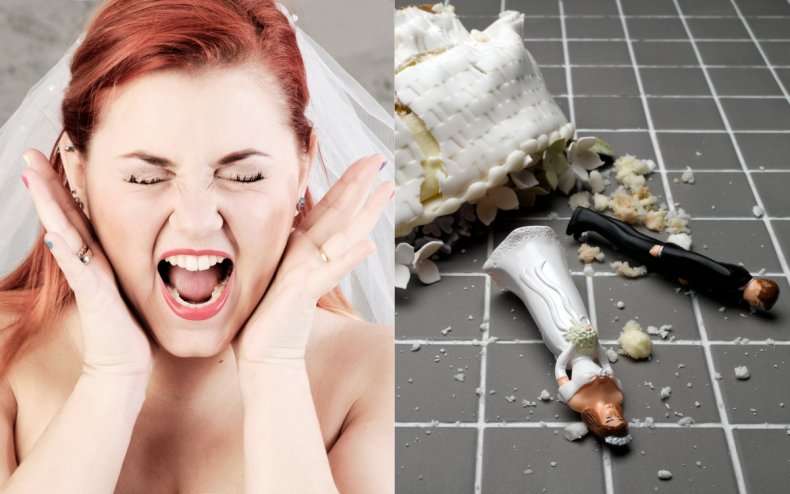 An upset bride and a wedding cake.