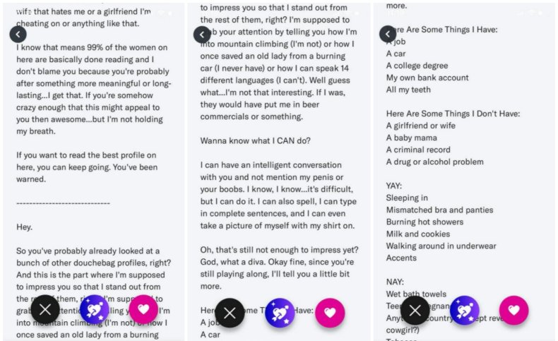 A man's dating app profile.