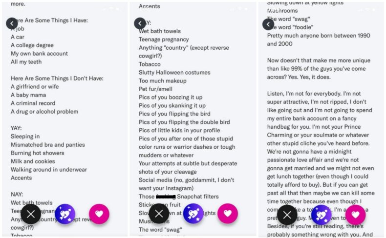 A man's dating app profile.