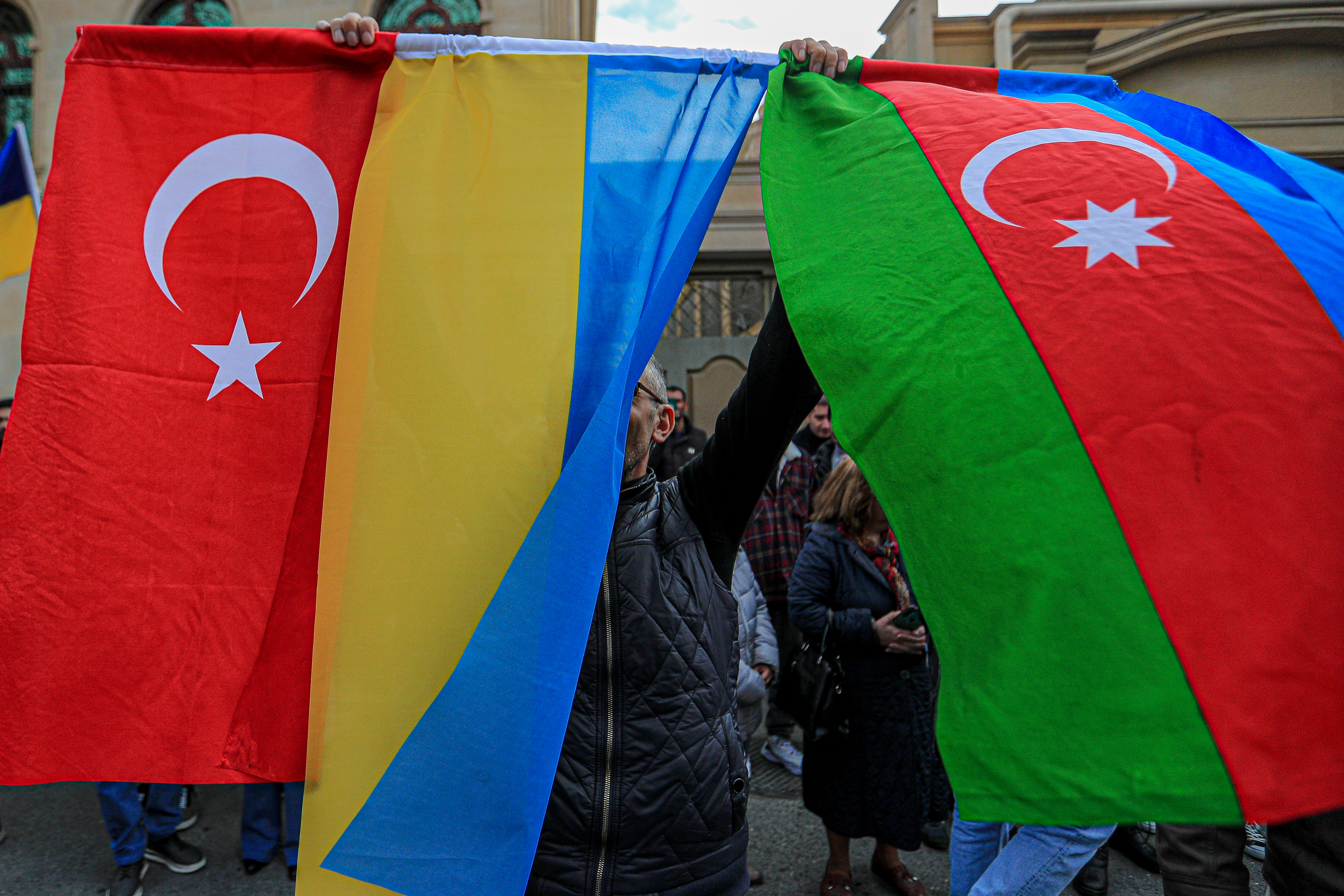 azerbaijan, turkey, ukraine, flags, embassy, baku