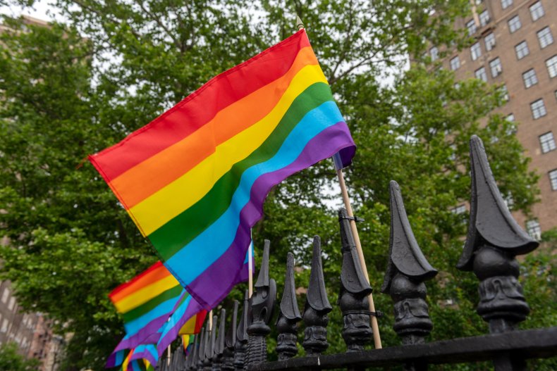 Pride flags are displayed at Christopher Park