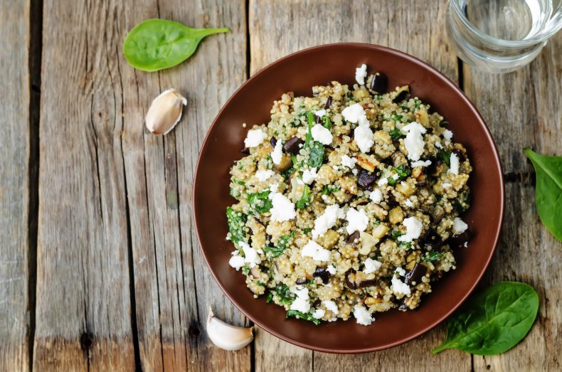 A quinoa, spinach, eggplant, feta salad.