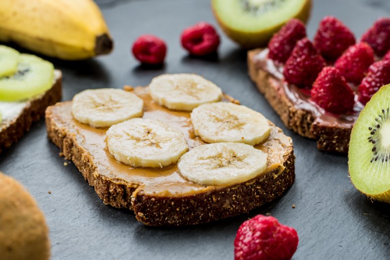 Banana slice and peanut butter on toast.