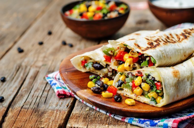 Burritos filled with black beans and quinoa.