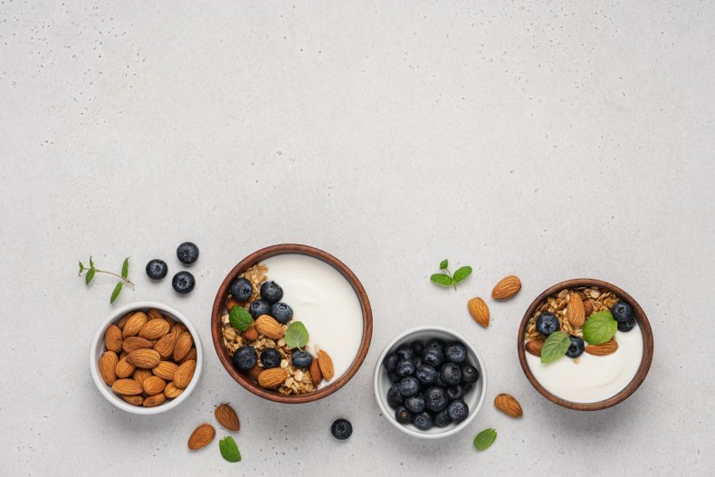 Greek yogurt with almonds and blueberries.