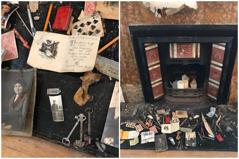 Couple find lost items behind 1893 fireplace.