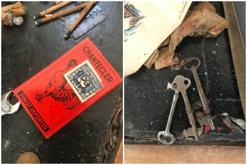 Couple find lost items behind 1893 fireplace.