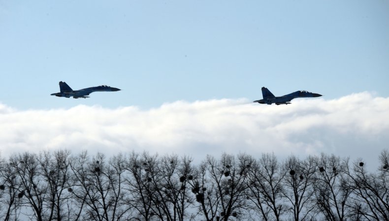 Ukrainian SU-27 planes fly over Ozerne