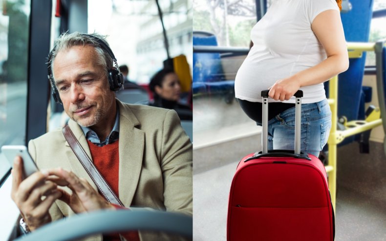 Man on bus and a pregnant woman.