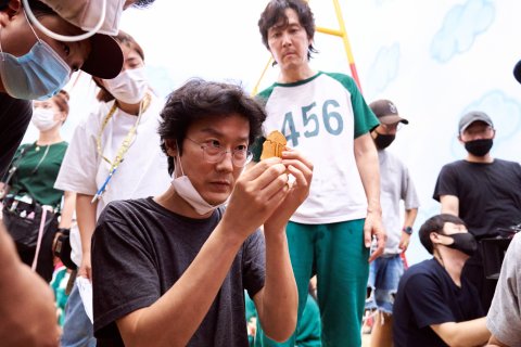 Hwang Dong-hyuk on "Squid Game" set.
