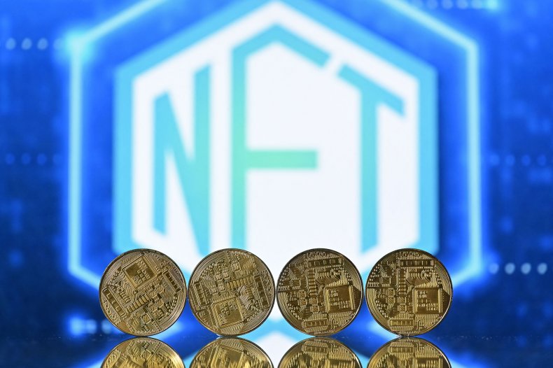 Souvenir crypto coins arranged by NFT logo