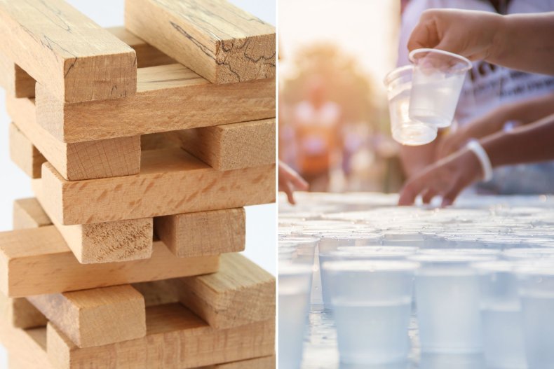 water cups and Jenga